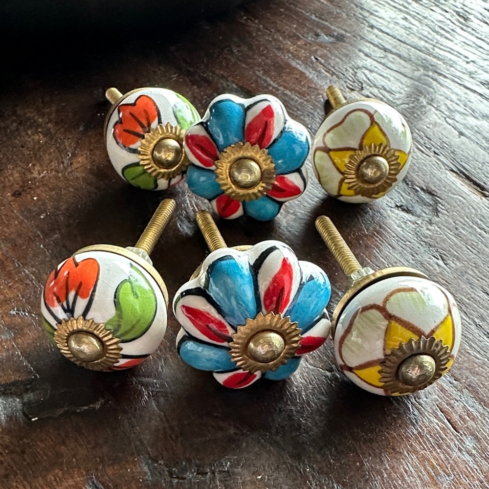 Set of 6 Colorful Ceramic Flower Knobs Boho Hand Painted Drawer Pulls⁠